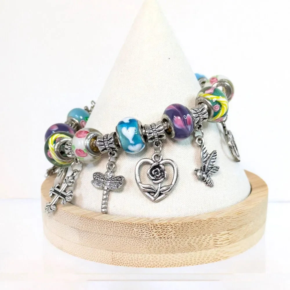 Murano Style Glass Bead Charm Slide Bracelet 6.5